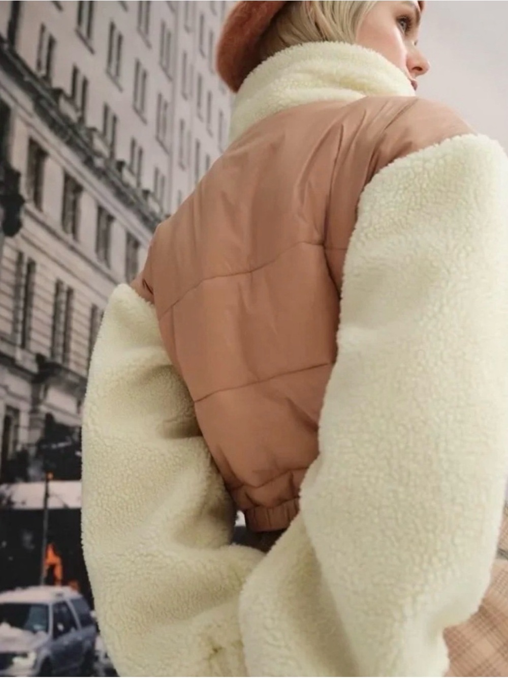 For Love and Lemons Cropped Quilted Niko Puffer Jacket, Coat, Crème Beige, NWT